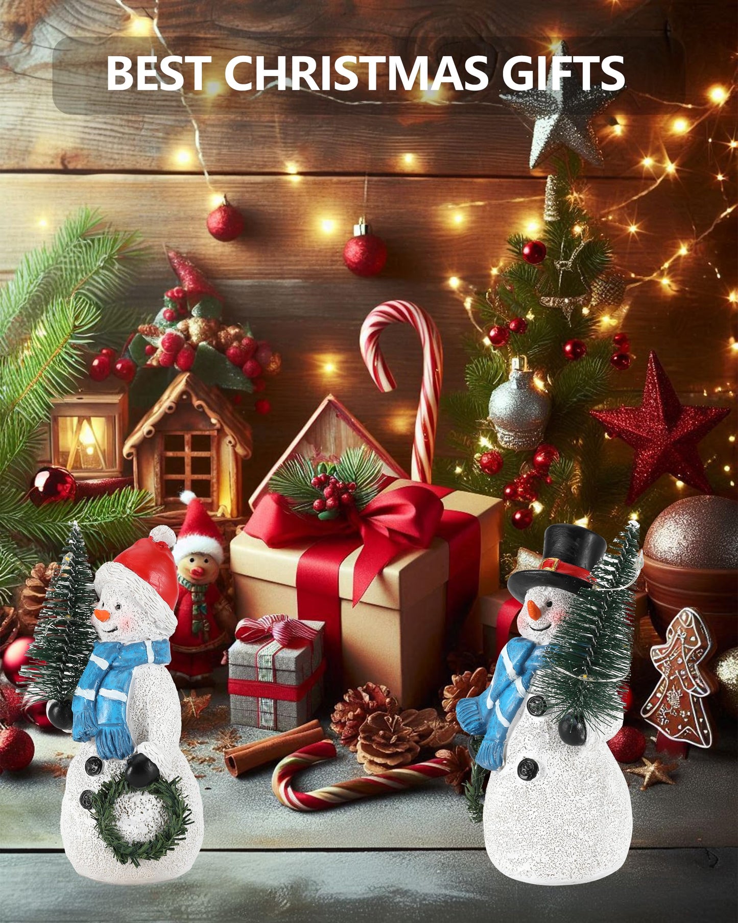 GoGnome Duo 5'' Resin Snowman Figurines with Lighted Christmas Tree Wreath - Christmas Decorations Indoor Snowman Decor Ornaments Centerpiece - Winter Holiday (Snowmen)