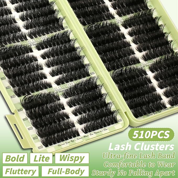 Lash Clusters Kit Wispy Lash Clusters C Curl Cluster Eyelash Extensions Cat Eye Lashes Clusters 510Pcs Volume Individual Lashes Lash Glue Lash Tweezers