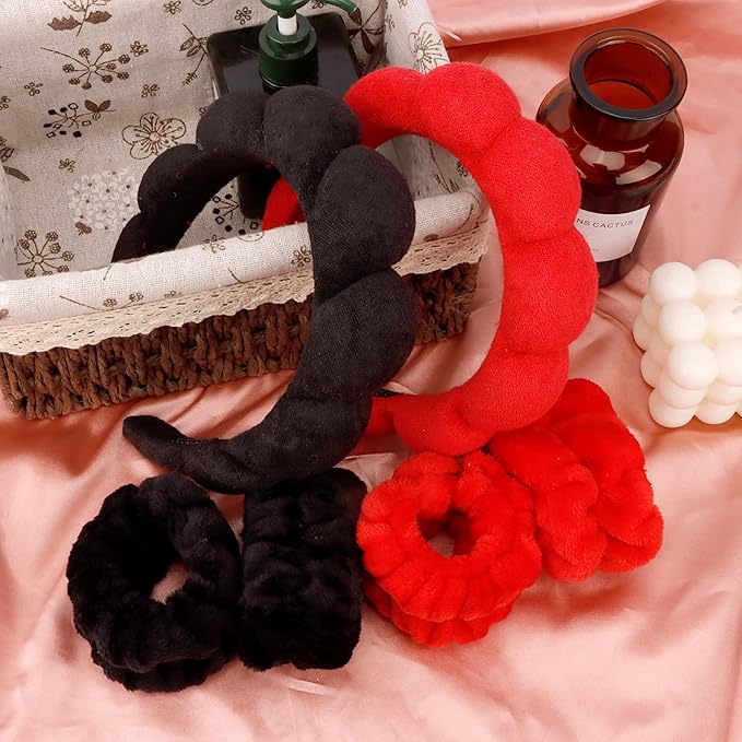 SPA Headbands for Washing Face Makeup Headbands with Bow Hair Band Women Facial Head Band Wrist Towel Wraps For Shower Face Mask Black Red Pink, 6 Pack