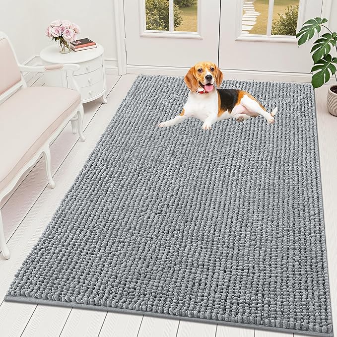 OLANLY Dog Door Mat for Muddy Paws 70x46, Ultra Absorbent Chenille Mud Doormat, Non-Slip Washable and Dirt Trapping Doormat for Indoor Entryway, Quick-Dry Indoor Pet Bed Mats for Dogs, Grey