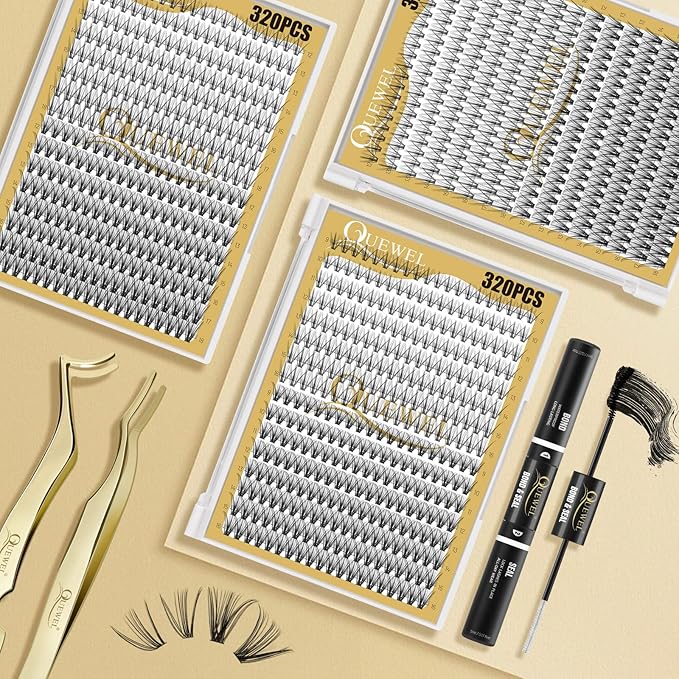 QUEWEL Lash Clusters 320Pcs Cluster Lashes 20D+30D D Curl Lash Cluster Eyelash Extensions Mix12-18mm Individual Eyelashes Clusters Wispy Lash Clusters Thin Band Soft to Use at Home(20D+30D D Mix12-18)