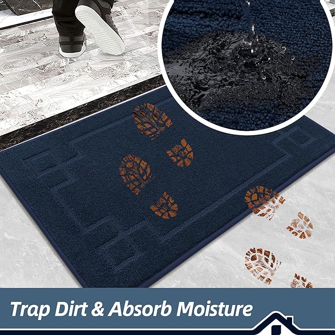 BEQHAUSE Door Mat 24" x 60", Non-Slip Door Mats Indoor Entryway Rugs Washable Low-Profile Absorbent and Stain Resist Floor Mats, Dog Door Mat for Front Back Door, Mud Wet Shoes & Paws, Navy Blue