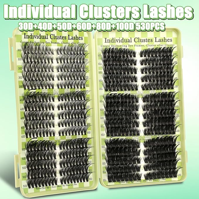 Lash Clusters Cat Eye Lash Clusters Kit Volume DIY Individual Lashes Clusters Lash Extension Kit 530Pcs Thin Band Wispy Lash Cluster Lash Bond and Seal Lash Tweezers