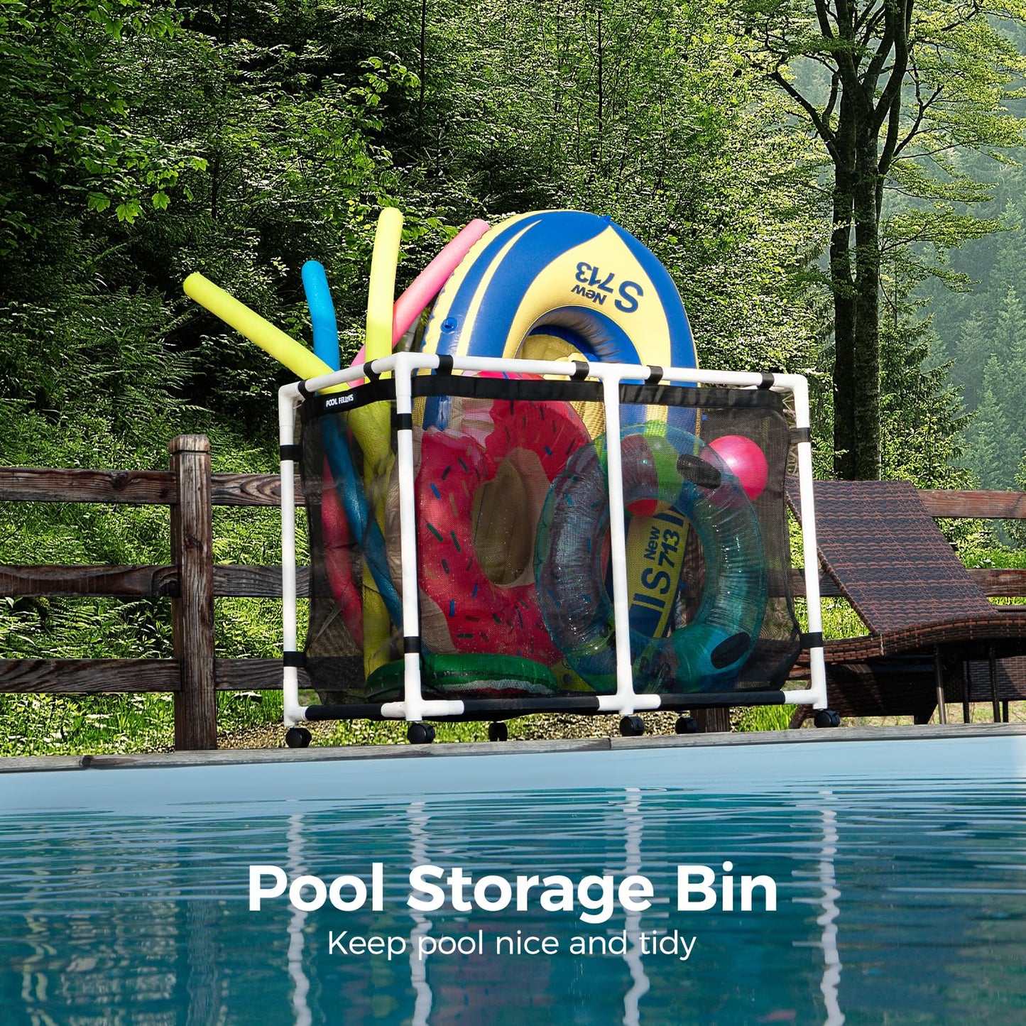 POOL FELLOWS Pool Storage Bin, 90 Gallons, Holder for Noodles, Toys, Floats, Towels, Mesh Organizer for Swimming Equipments, Mini Plus Style