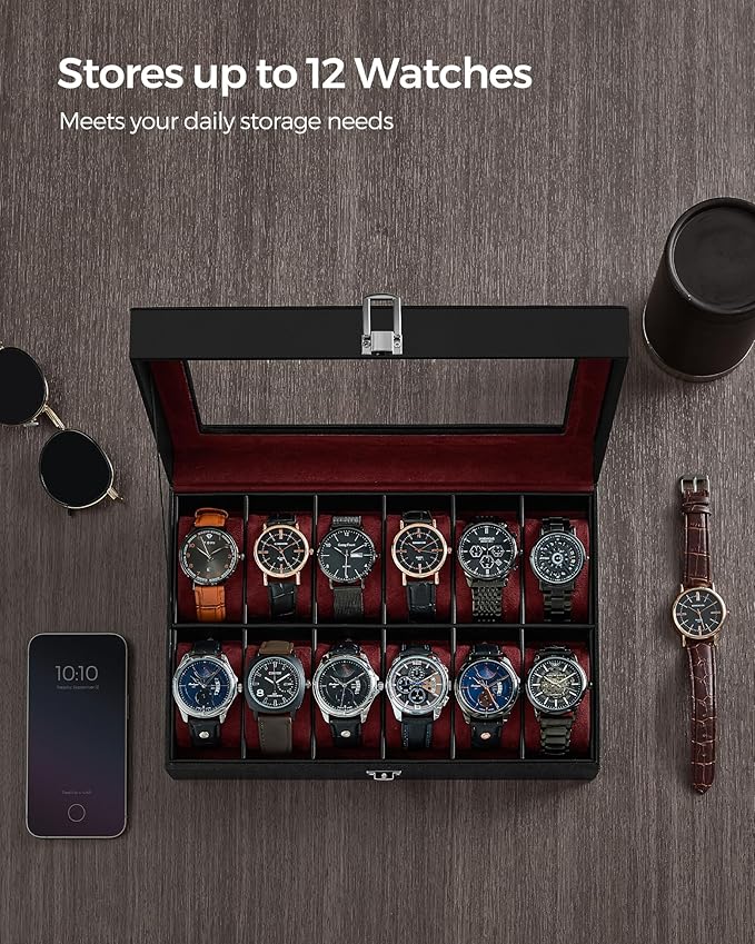 SONGMICS Watch Box, 12-Slot Watch Case Organizer with Large Glass Lid, Removable Pillows, Gift for Loved Ones, Black Synthetic Leather, Wine Red Lining UJWB120R01
