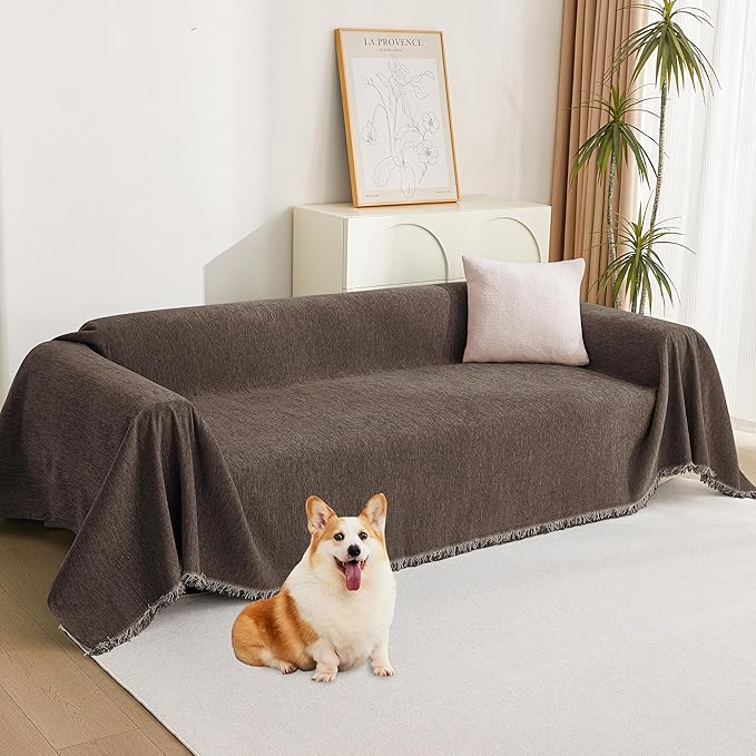MYSKY HOME Boho Couch Cover Chocolate Sofa Covers with White Tassel Farmhouse Sofa Slipcover Simple Couch Protector for Dogs Chenille Sectional Couch Covers L Shaped Couch Cushion Covers, 91"x 134"