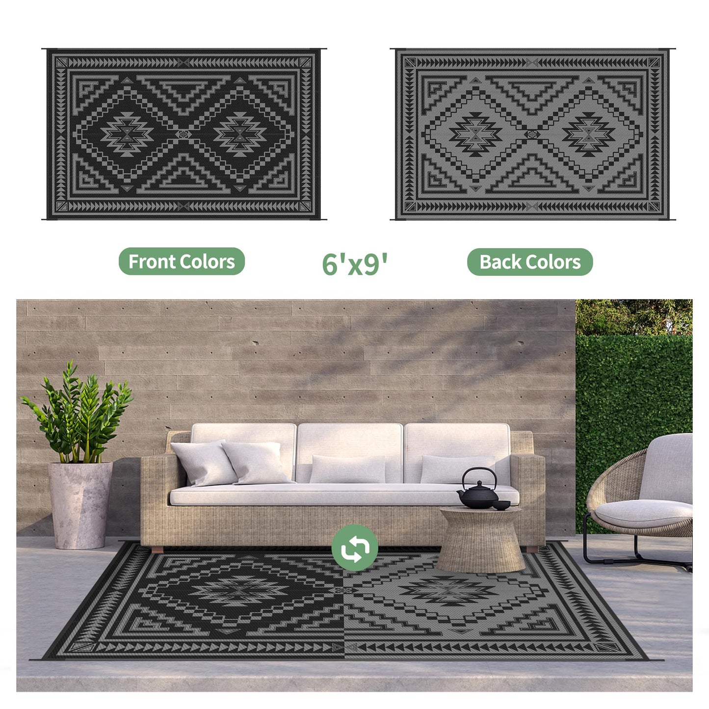 GENIMO Outdoor Rug for Patio Clearance - 6x9 ft Waterproof Plastic Camping Rugs, Reversible Outside Rv Mat Carpet for Porch, Deck, Picnic, Balcony, Beach, Backyard, Black Grey