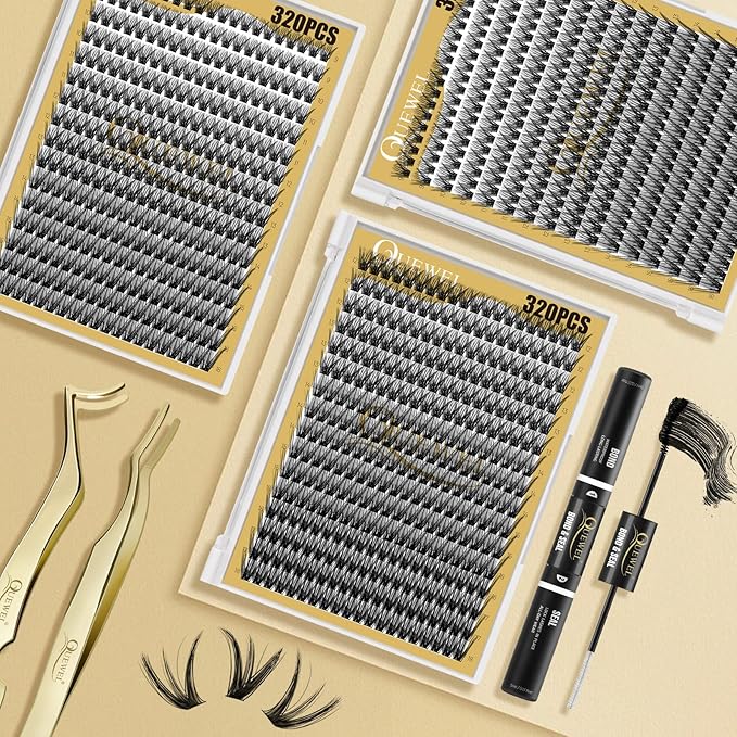 QUEWEL Lash Clusters 320Pcs Cluster Lashes 50D C Curl Lash Cluster Eyelash Extensions Mix12-18mm Individual Eyelashes Clusters Wispy Lash Clusters Thin Band Soft to Use at Home(50D C Mix12-18)