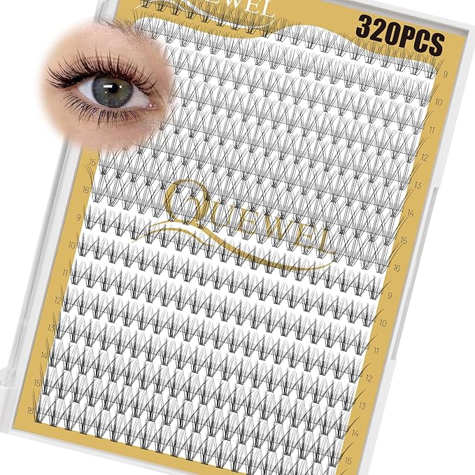QUEWEL Lash Clusters 320Pcs Cluster Lashes 10D+20D D Curl Lash Cluster Eyelash Extensions Mix9-16mm Individual Eyelashes Clusters Wispy Lash Clusters Thin Band Soft to Use at Home(10D+20D D Mix9-16)