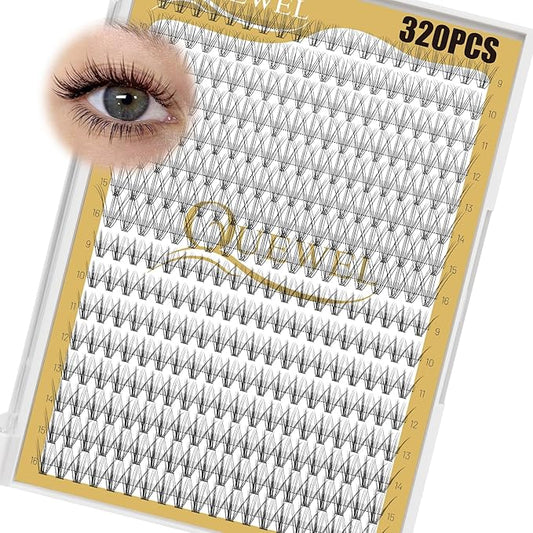 QUEWEL Lash Clusters 320Pcs Cluster Lashes 10D+20D D Curl Lash Cluster Eyelash Extensions Mix9-16mm Individual Eyelashes Clusters Wispy Lash Clusters Thin Band Soft to Use at Home(10D+20D D Mix9-16)