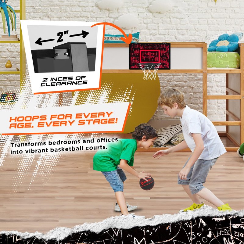AND1 Mini Basketball Hoop: 18”x12” Pre-Assembled Portable Over The Door with Flex Rim, Includes Two Deflated 5” Mini Basketball with Pump, for Indoor, Red/Black