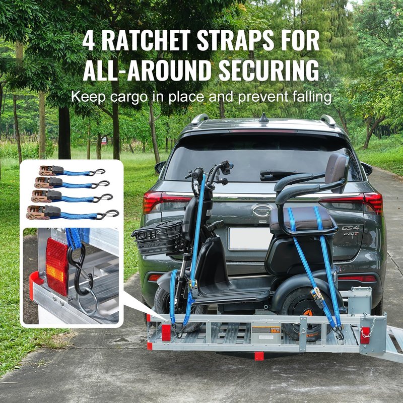 VEVOR Hitch Mount Cargo Carrier, 500LBS Mobility Scooter Carrier with Folding Ramp, Aluminum Trailer Hitch Rack Basket & Stabilizer, Strap, Fits 2" Hitch Receiver for Truck SUV Car, 48.03" x 27.87"