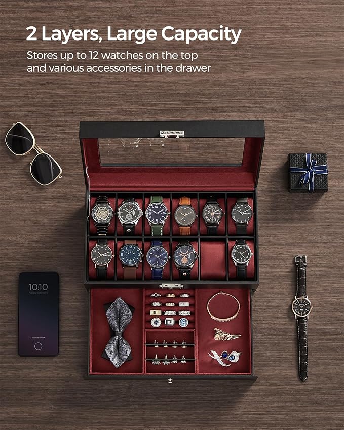 SONGMICS Watch Box, 12-Slot Watch Case Organizer with Large Glass Lid, 2 Layers, Removable Pillows, Metal Lock, Gift for Loved Ones, Black Synthetic Leather, Wine Red Lining UJWB012R01
