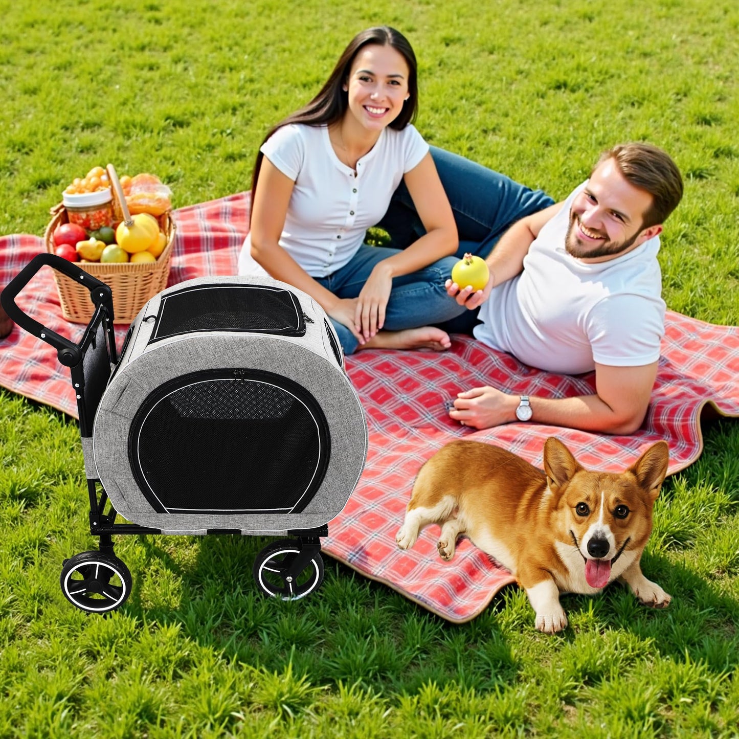 Saudism Pet Stroller for Dogs Cats up to 50 lbs, Foldable Dog Stroller with 360° Swivel Wheels, Detachable Carrier, Adjustable Handle, Travel Dog Stroller for Small Medium Large Pets, Gray