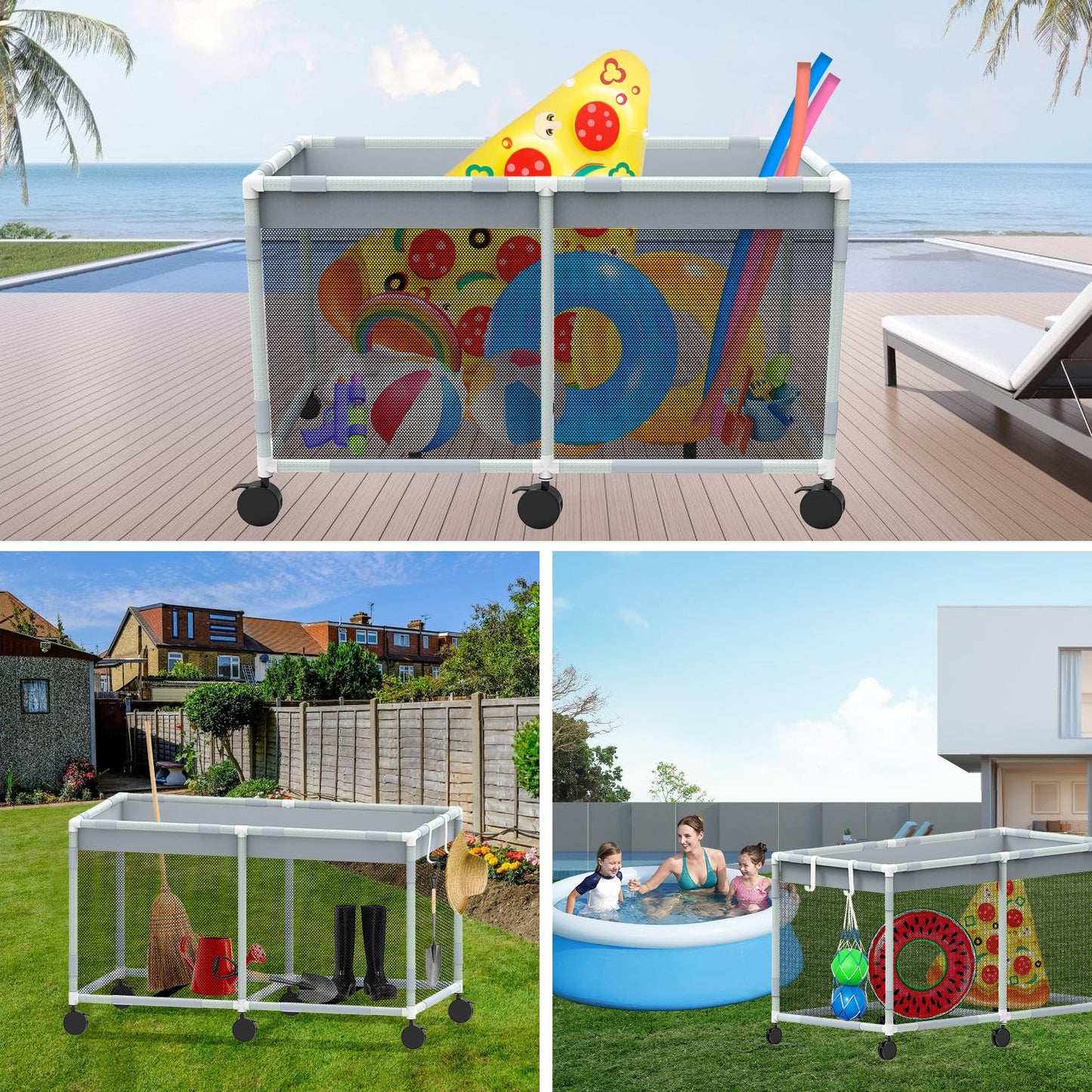285 Gallon 69" Pool Float Storage – XXL Large Outdoor Pool Toy Storage Organizer for Pool Noodles, Toys, Floats, Equipment, Mesh Rolling Pool float Holder for Swimming Accessories, 69Lx33Wx35H Inch