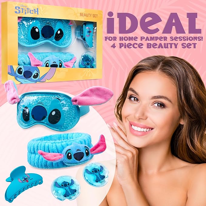 Disney Stitch Beauty Accessories Set with Cooling Eye Mask Gel Eye Pads Fluffy Skincare Headband Hair Claw Clip Relaxing Pampering Gifts for Women, Wife, Girlfriend (Blue)