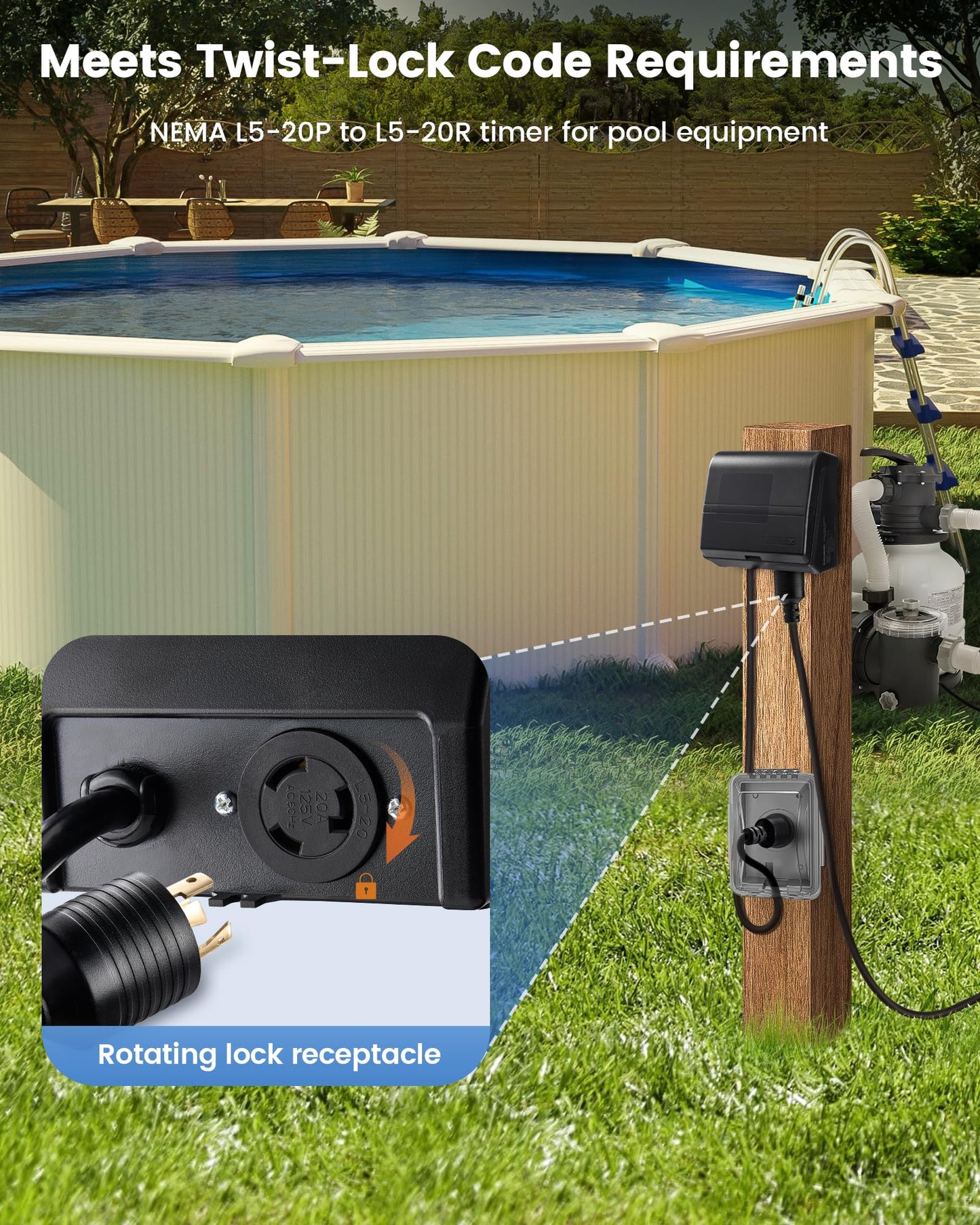 SURAIELEC Digital Pool Timer for Above Ground Pools, NEMA L5-20R Twist-Lock Plug-in Timer, 20A 125V 1HP, Programmable 7-Day Schedule, Weatherproof Cover, for Pool Pumps, Heaters and Lights