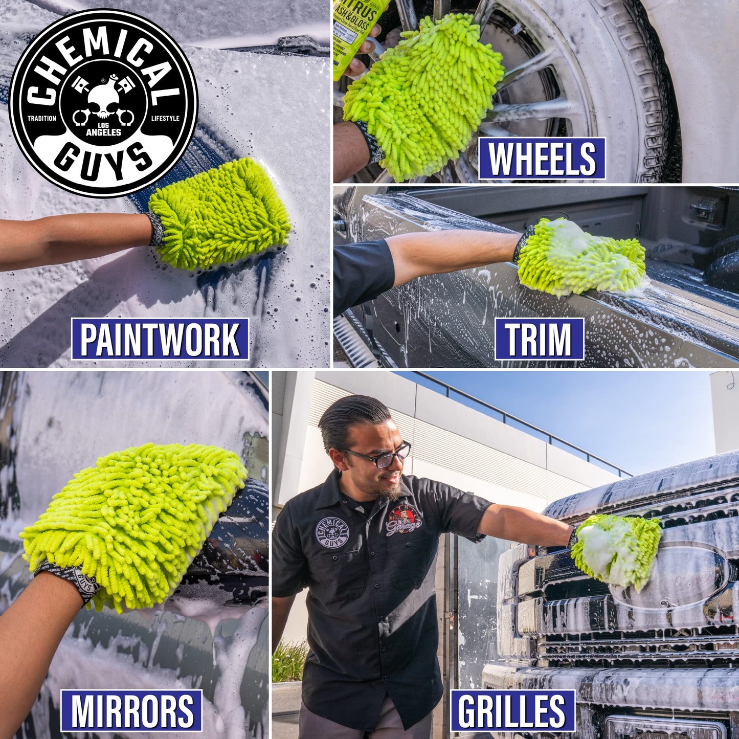 Chemical Guys, Chenille Premium Scratch-Free Microfiber Wash Mitt, Lime Green, 9.6" x 2.3" x 7" (3 Pack) - MIC49303