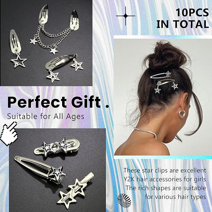 10PCS Star Hair Clips Y2K Silver Hair Clips Metal Star Barrettes 8 Shapes Pentagram Hair Snap Clips Punk Kawaii 2000s Hair Accessories for Women