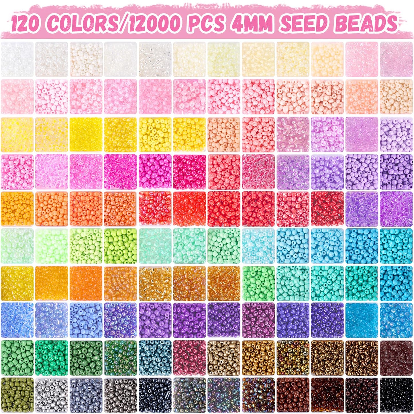Funtopia 4mm 13000pcs+ Seed Beads for Jewelry Making, 120 Colors Small Glass Beads for Bracelets, Friendship Bracelet Kit with Alphabet Letter Bead Smile Face Bead for DIY, Art and Craft