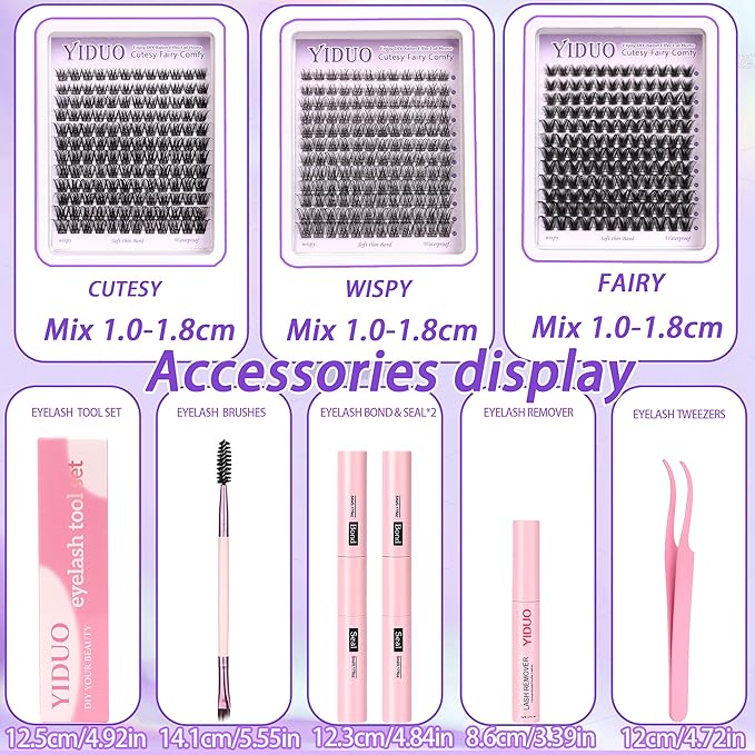 YlDUO 3 Style Lash Clusters Kit Wispy Clusters Eyelash Extensions Kit 10-18mm Individual Lashes Extension, DIY Natural Soft Thin Band Fake Eyelash Kit with Bond and Seal*2|Tweezers|Removers