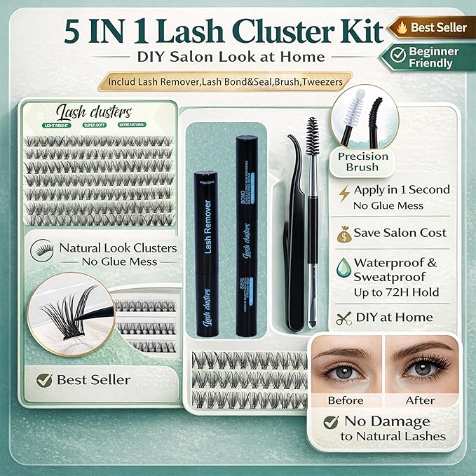 Wispy Lash Clusters Kit 640pcs Eyelash Cluster Extensions Curl Individual False Eyelashes Natural Fluffy Mink Lash Extension Kit (Lash Clusters-30D+40D+50D+60D+80D+100D KIT, Lash Clusters)