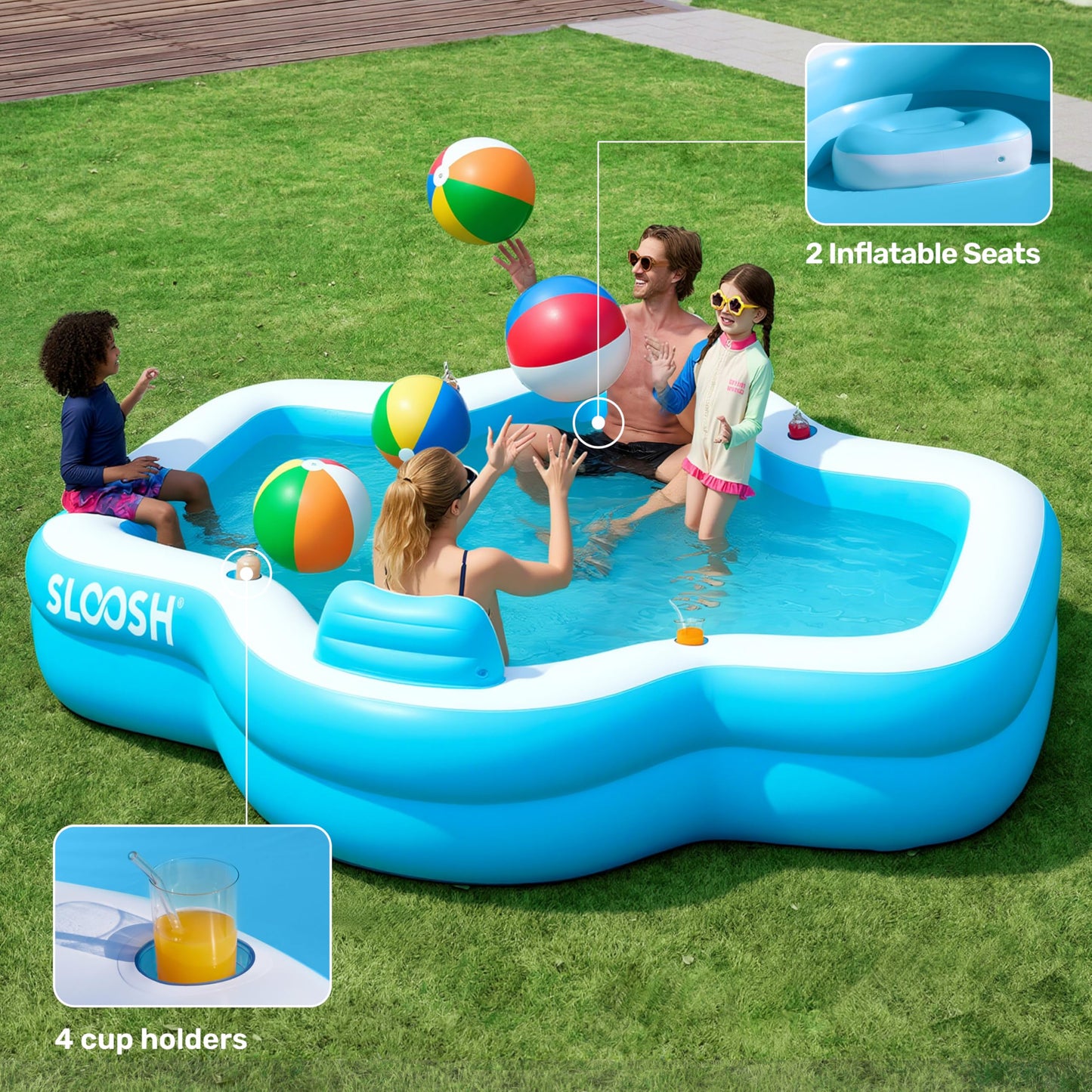SLOOSH Inflatable Pool for Family with Seats, 120" x 101" x 26" Full-Sized Blow Up Durable Thickened Above Ground Pool with Backrest Cup Holders,Swimming Pools for Backyard Summer Water Lawn, Blue