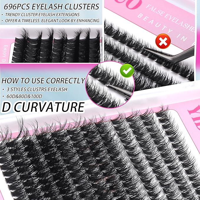 YIDUO 60D+80D+100D Lash Cluster Kit 3 style Volume Clusters Lashes Eyelashes Kit 696Pcs Wispy 10-18mm DIY Individual Eyelash Extensions Wholesale Combo Pack with Glue|Tweezers|Removers