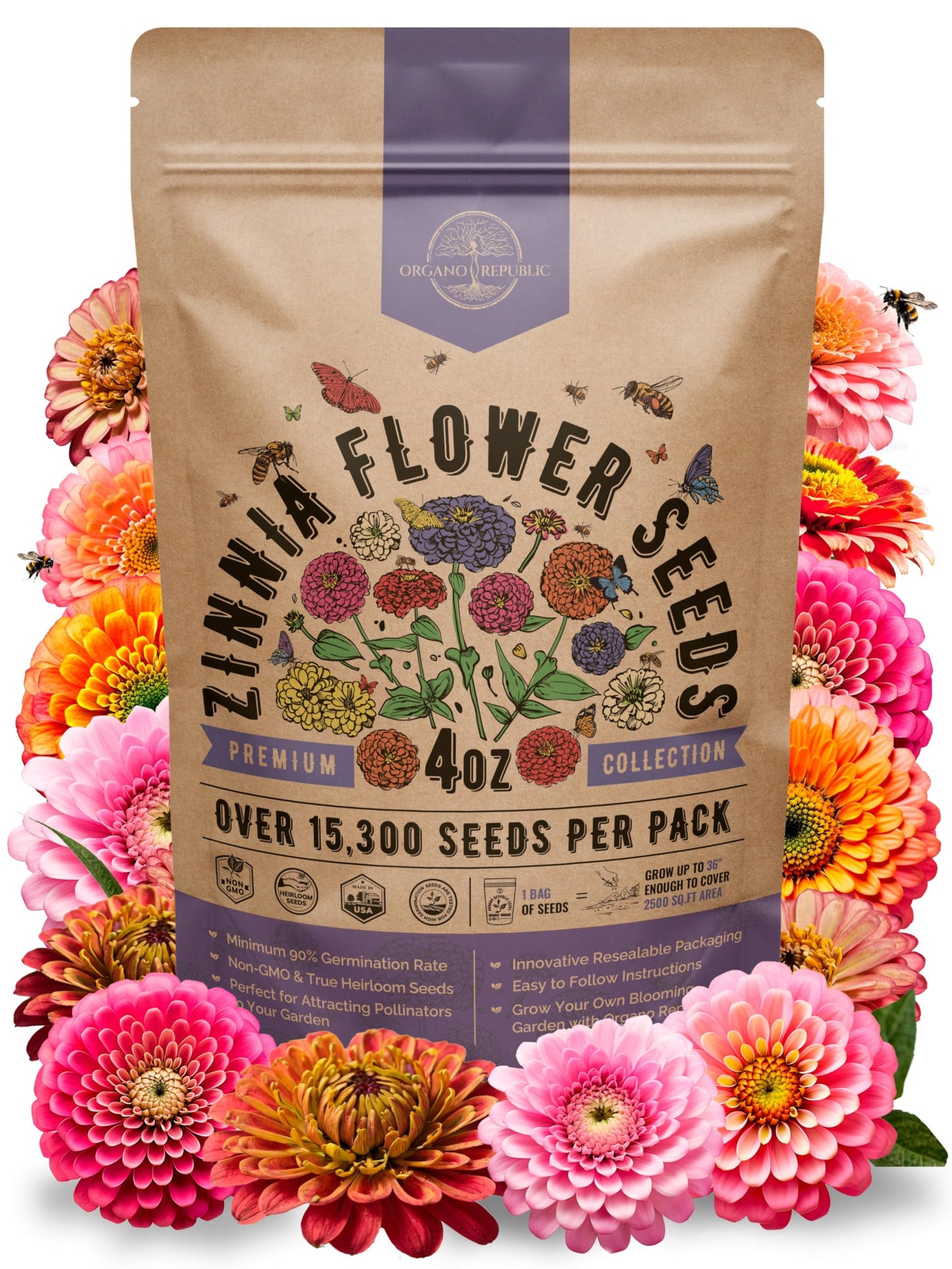 Zinnia Seeds Pack 4 oz - Over 15,300 Non-GMO Heirloom Zinnia Seeds for Planting, Annual Flowers in Individual Seed Packet for Planting Home Garden Indoor & Outdoor Gardening