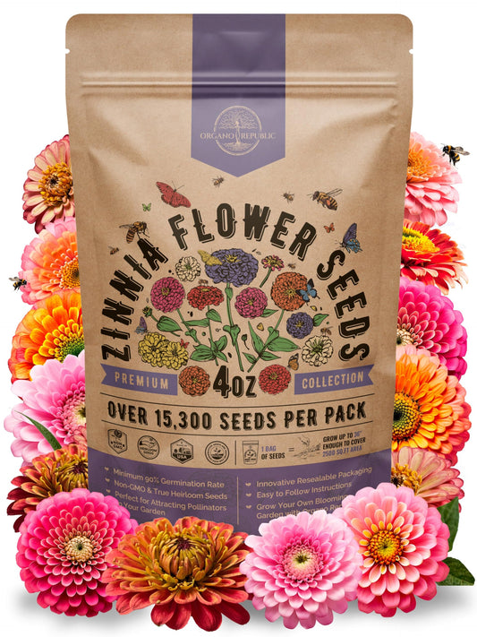 Zinnia Seeds Pack 4 oz - Over 15,300 Non-GMO Heirloom Zinnia Seeds for Planting, Annual Flowers in Individual Seed Packet for Planting Home Garden Indoor & Outdoor Gardening