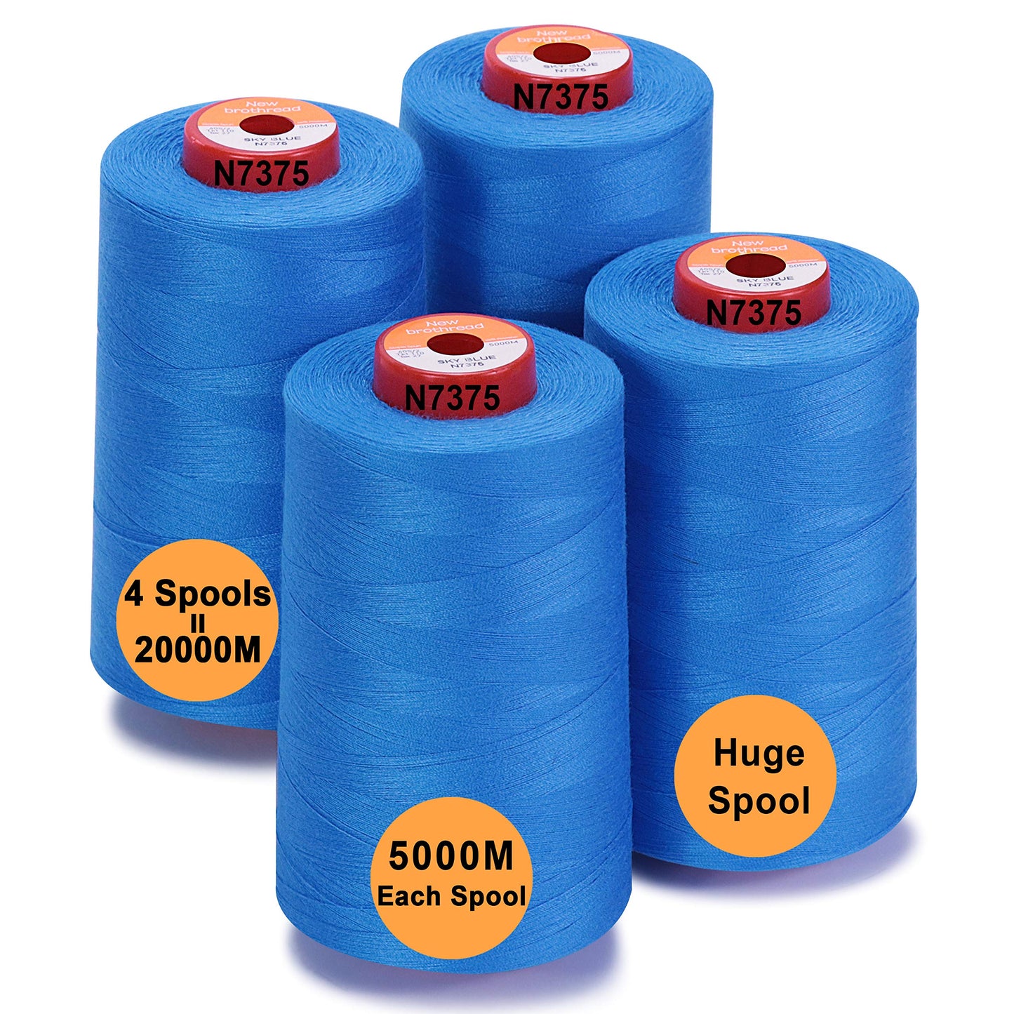 New brothread - 30 Options - 4 Large Cones of 5500Y (5000M) Each All Purpose Spun Polyester Thread 40S/2 (Tex27) for Serger, Overlock, Quilting, Piecing and Sewing - Sky Blue