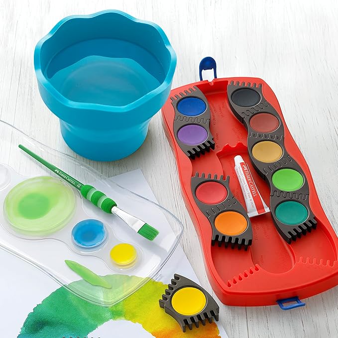 Faber-Castell Clic & Go Portable Paint Water Cup with Brush Holder, Turquoise - Collapsible Paint Brush Cleaner Rinse Cup, Travel Friendly Painting Accessories