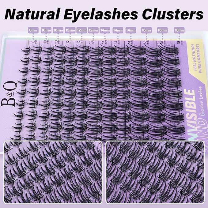 B&Q Bella Lash Clusters Kit Natural Lashes Clusters Wispy Invisible Band Manga Lashes Individual Lashes Bond and Seal Eyelash Extension Kit Easy Removal (Bella Kit)