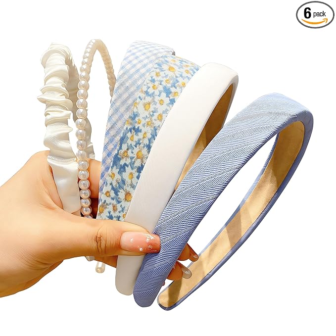Fashion Headbands Set, 6pcs Pearl Floral Padded Wide Vintage Headbands for Women and Girls (Blue)