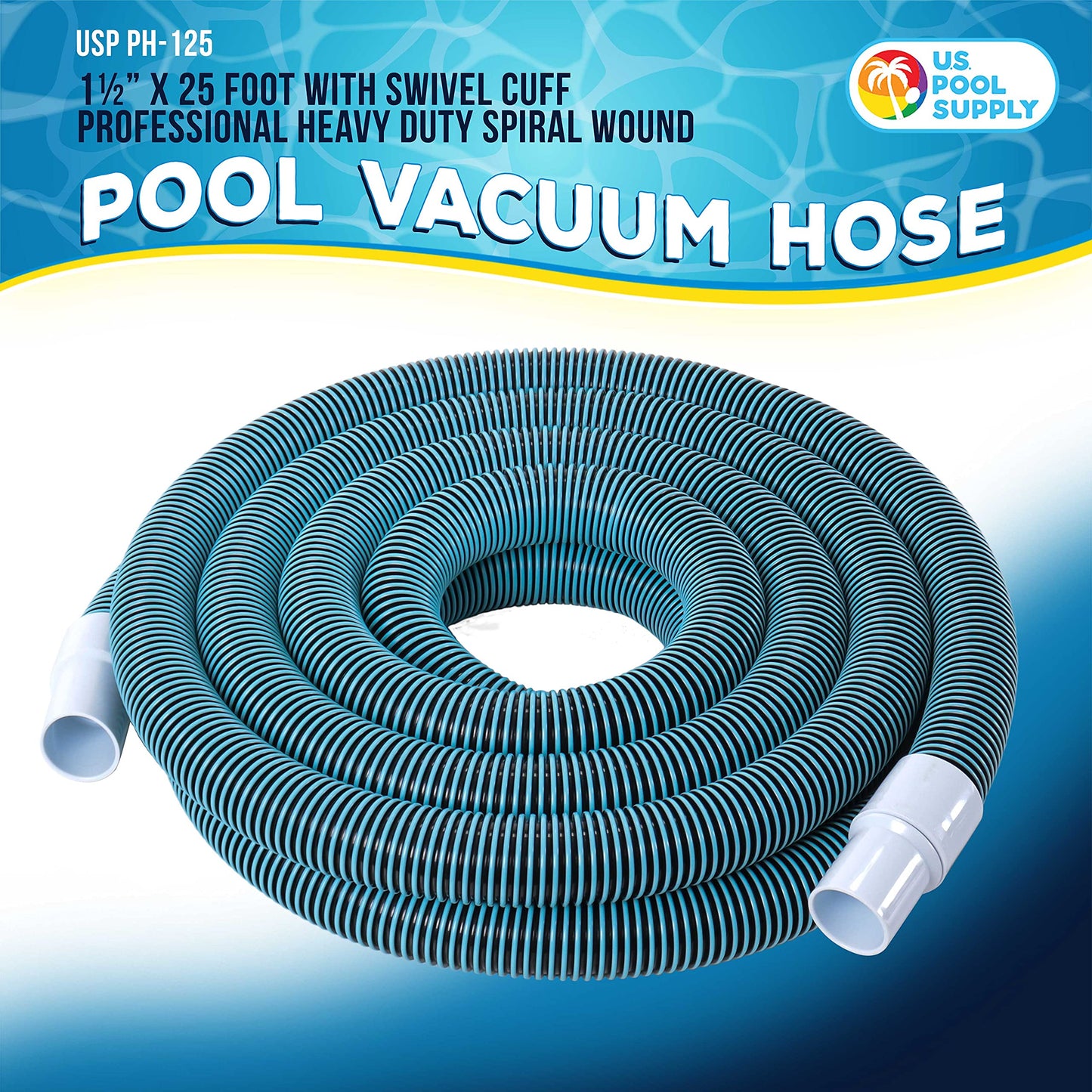 U.S. Pool Supply Pool Vacuum Hose - 1-1/2" x 25' Professional Heavy Duty Pool Hose for Inground, Spiral Wound with Kink-Free Swivel Cuff - Connect to Vacuum Heads, Skimmer, Cleaner, Filter Pump Inlet