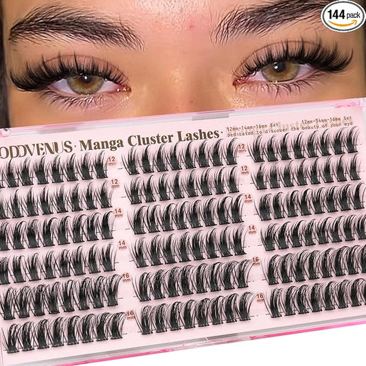Goddvenus Manga Lash Clusters 12-14-16mm Natural Wispy Fairy Eyelash Clusters 144pcs Fluffy Cluster Eyelash Extensions Anime Cosplay No Plastic Feel Individual Lash Extension CC Curve