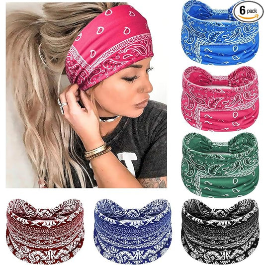 Awumbuk Wide Headbands for Women Knotted No Slip Head Bands Soft Turban Headband Hair Accessories Boho African Solid Color Head Wraps for Women Yoga Workout Pack of 6