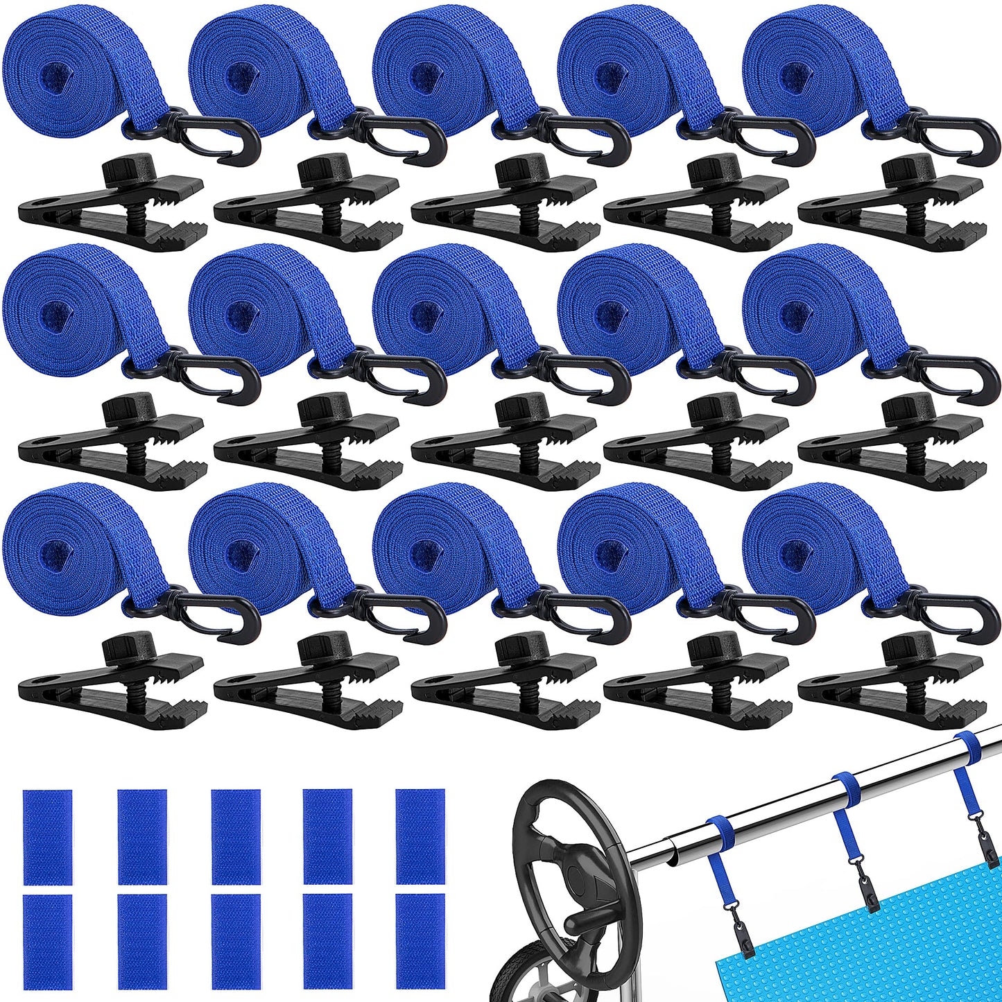 codree 36 Pcs Pool Solar Cover Reel Attachment Kit, Inground Swimming Pool Solar Cover Straps and Clips, Solar Blanket Strap Kit Including 12 Straps with Hooks, 12 Clips and 12 Touch Fastener (Blue)