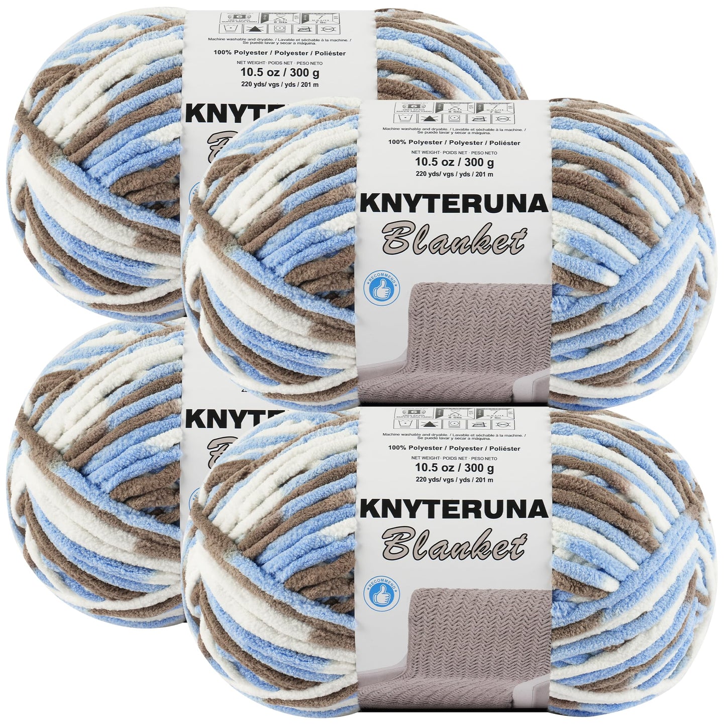 Knyteruna #6 Super Bulky Blanket Yarn for Crocheting - 4 Skeins(Each 10.5oz/300g, 220yds/201m), Chunky Chenille Thick Plush Big Soft Yarn for Crocheting Knitting Blankets, Khaki & Blue & White