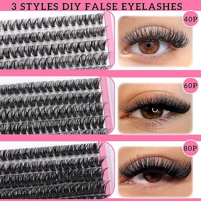 YIDUO Lashes Extensions Kit 3 Styles 8-18mm Wispy D Curly 40P+60P+80P Clusters Kit 720Pcs Individual Volume DIY Eyelash Extension Kit with Bond&Seal |Tweezers | Removers for Beginners