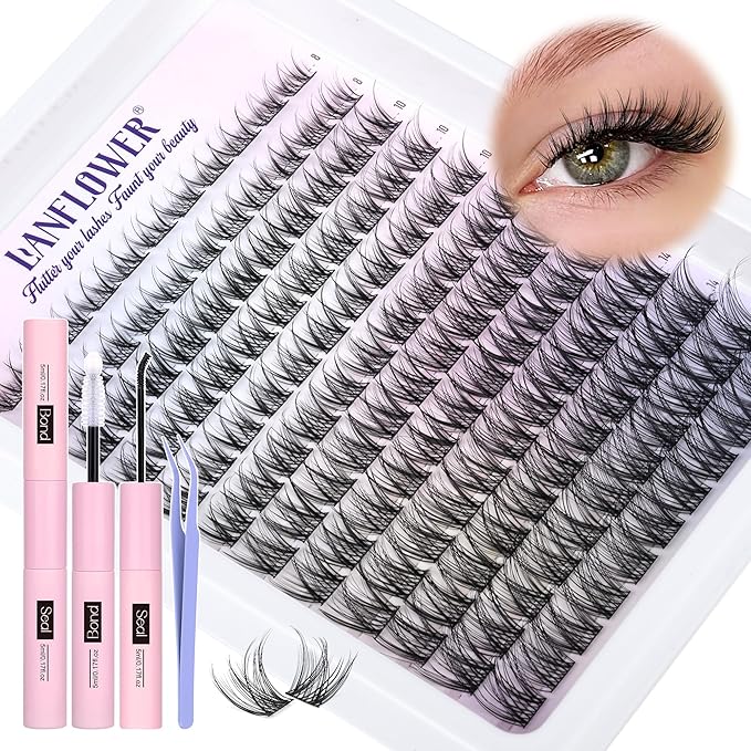 Natural Lash Clusters Kit Wispy Lash Extension Kit C Curved Eyelash Clusters Kit Natural Cluster Eyelash Extensions Kit 8-16mm Individual Lashes with Lash Bond and Seal Lash Tweezers by Lanflower