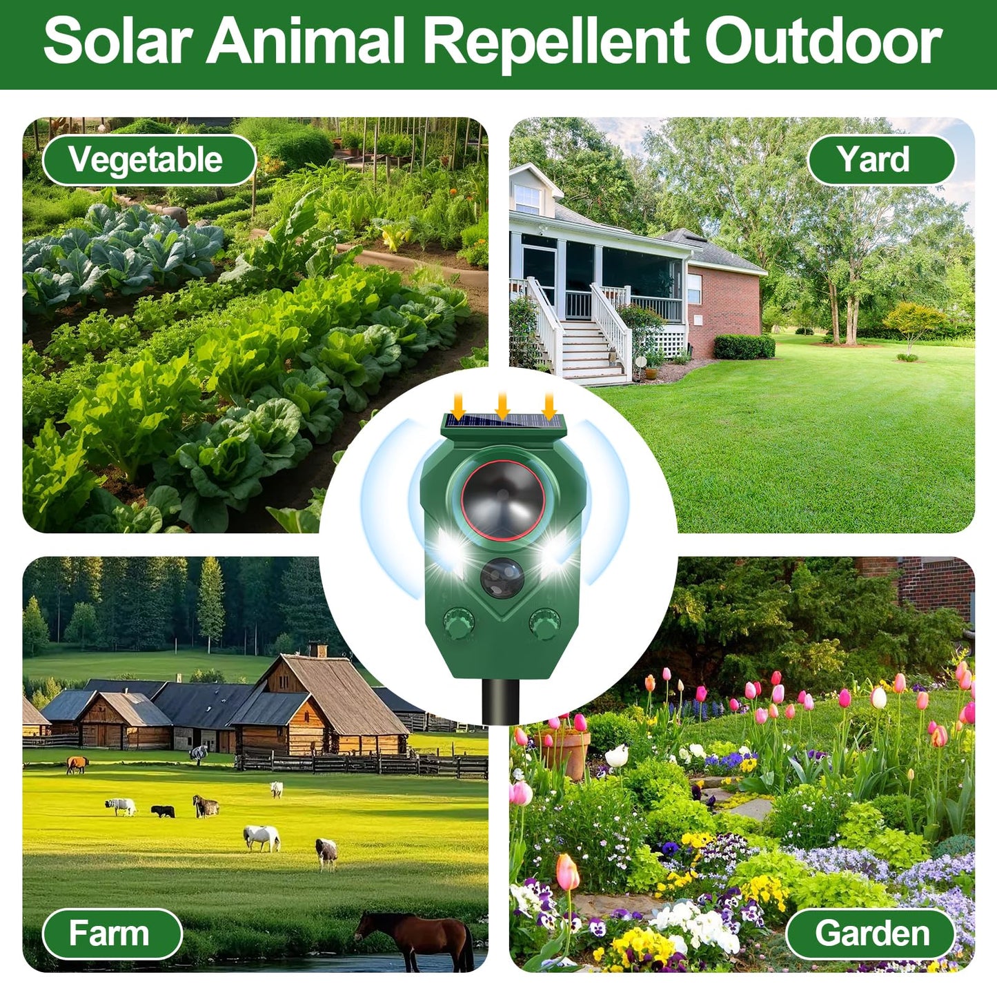 Ultrasonic Animal Repeller Outdoor,Cat Repellent & Deterrent with PIR Sensor & Flashing Light,Solar Powered Deer Repellent Device for Squirrels,Raccoons,Skunks,Rabbits,and Dog,IP65 Waterproof - 2 Pack