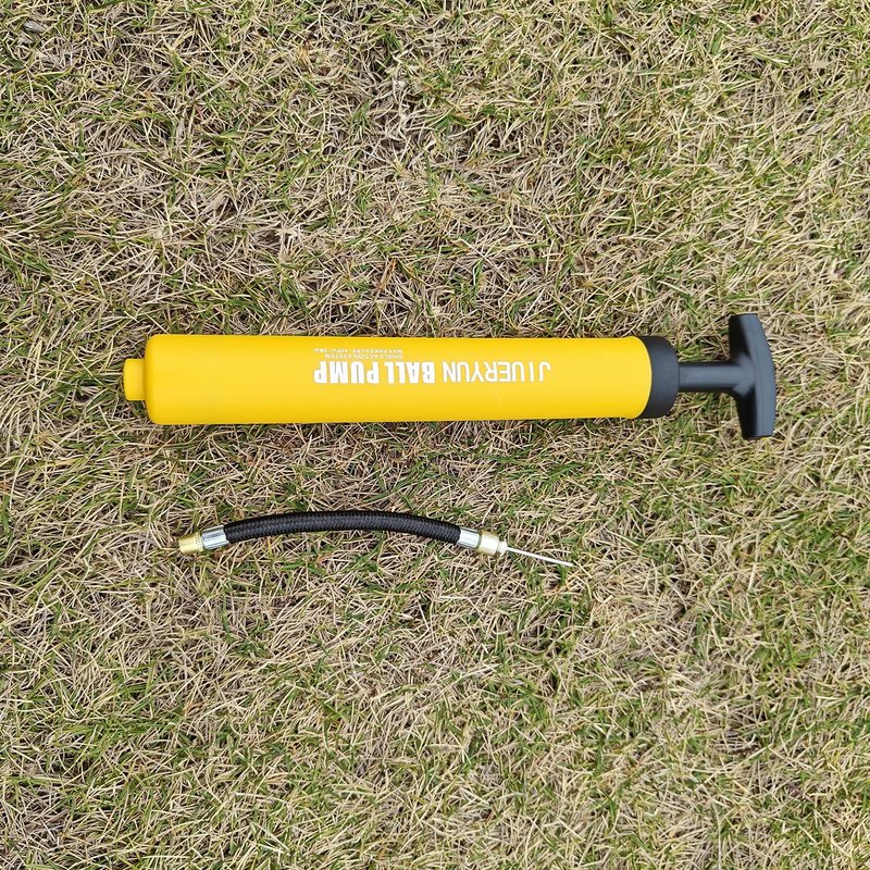 Ball Pump with Needle Storage in Handle - 5 Metal Needles, Flexible Hose - for Soccer, Basketball, Volleyball, Handball - Yellow