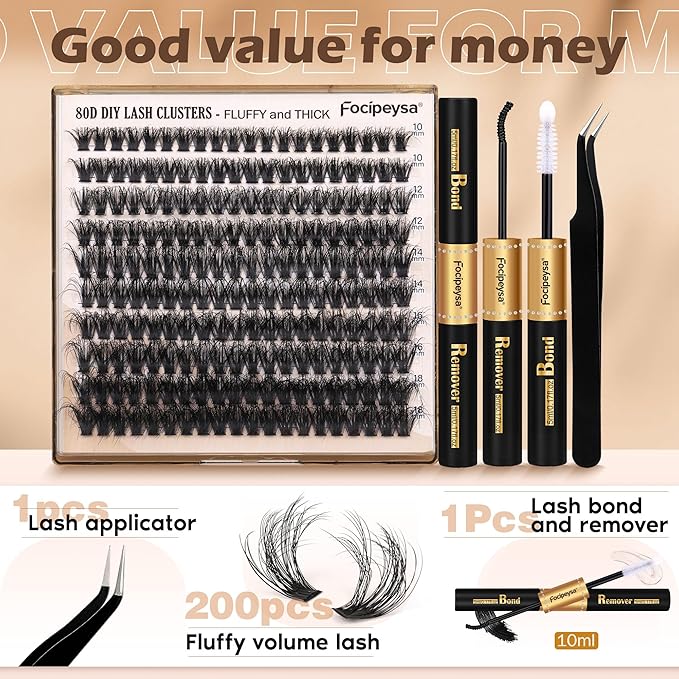 Focipeysa Eyelash Extension Kit, 200pcs 80D Mink Fur False Eyelashes, 10-18mm DIY Lash Clusters, Matte Black, Vegan, Cruelty Free, Includes Lash Bond & Remover, Tweezers