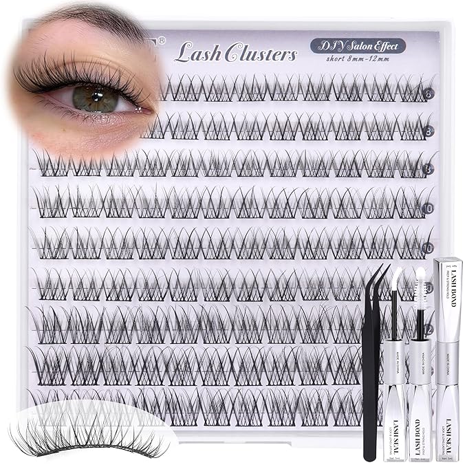 ALICE Short Lash Clusters Kit Natural Wispy Eyelash Clusters Kit 8-12mm Thin Band Cluster Eyelash Extension Kit for No Makeup Makeup Cleangirl Aesthetic