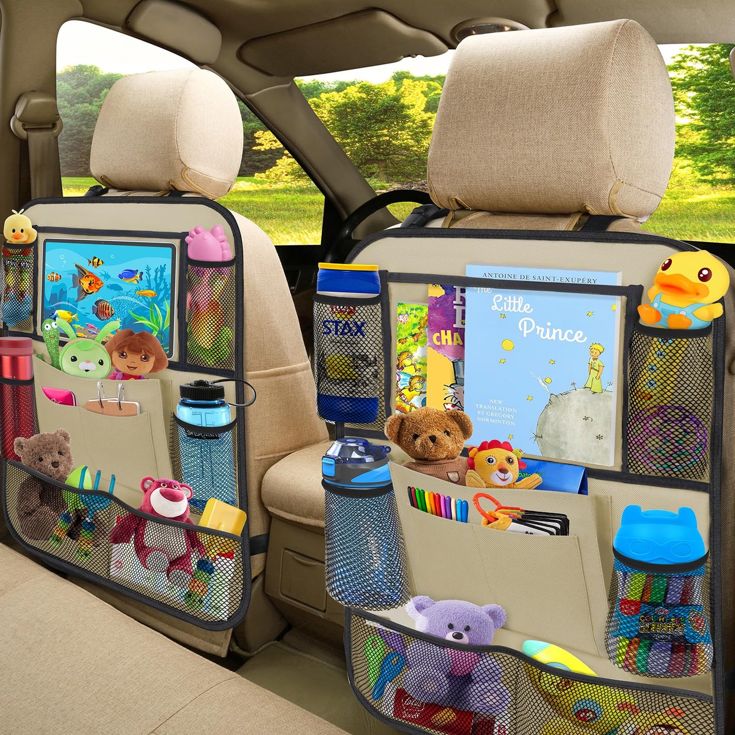 ULEEKA Car Backseat Organizer with 11" Table Holder, 10 Storage Pockets Seat Back Protectors Kick Mats for Kids Toddlers, Travel Accessories, 2 Pack, Beige
