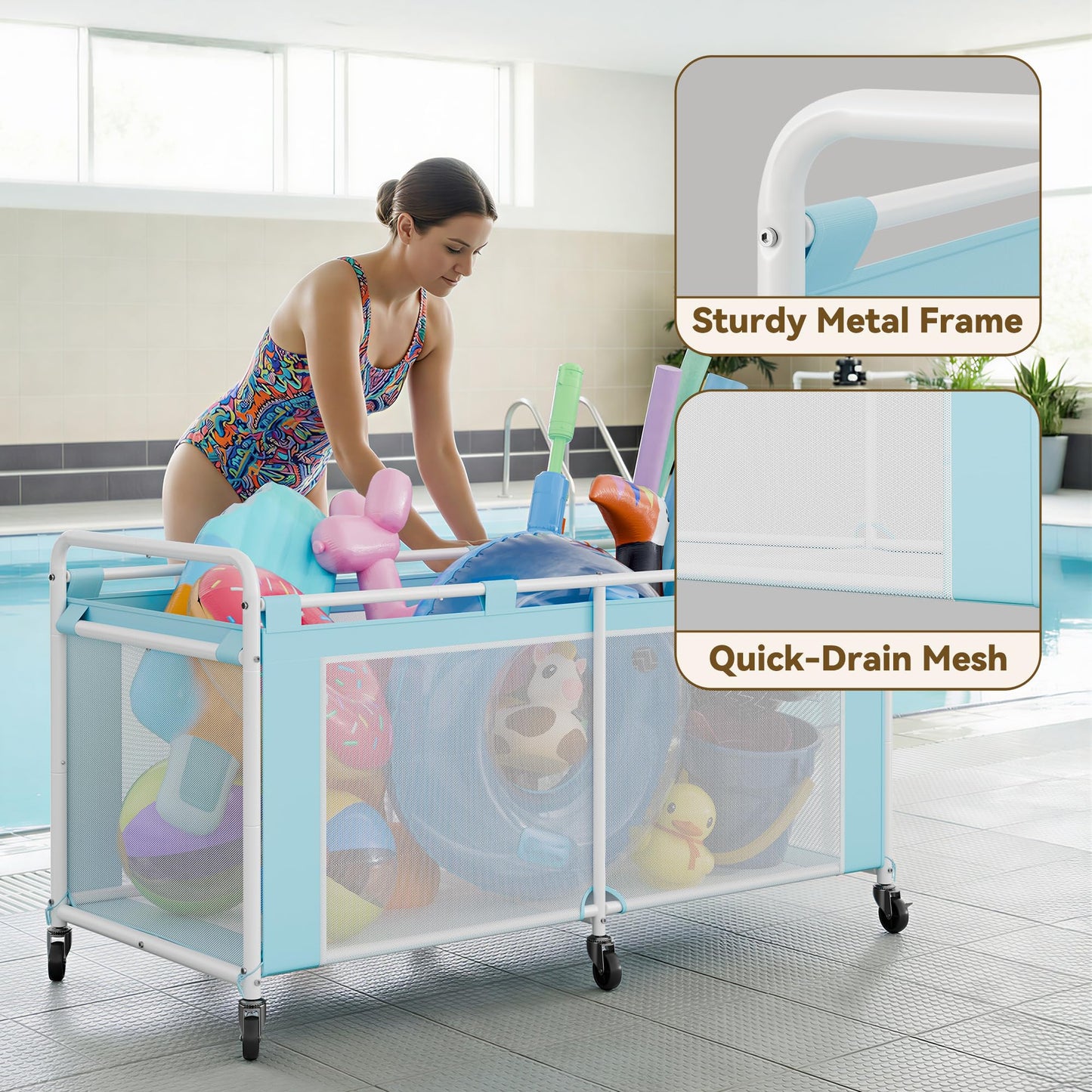 GRANNY SAYS Pool Float Storage Organizer, 290-Gallon Large Pool Storage Bin,35" Pool Toy Storage Cart with Wheels for Floats,Toys and Balls,Mesh Poolside Storage Holder for Swimming Pool, Blue