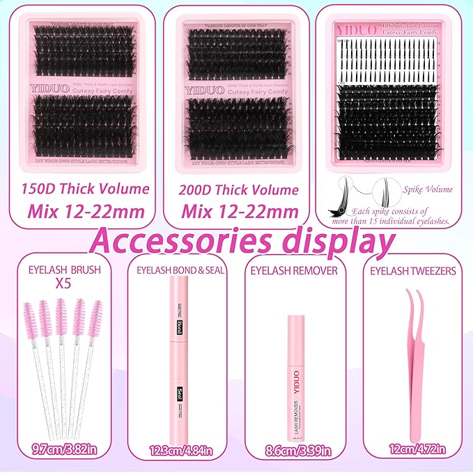 YIDUO 150D+200D Lash Clusters Kit with Glue and Removers, 575Pcs Volume Thick+Spiky Lashes Extension, 12-21mm Thick Extension Eyelashes DIY Individual False Eyelash Kit DIY at Home Easily
