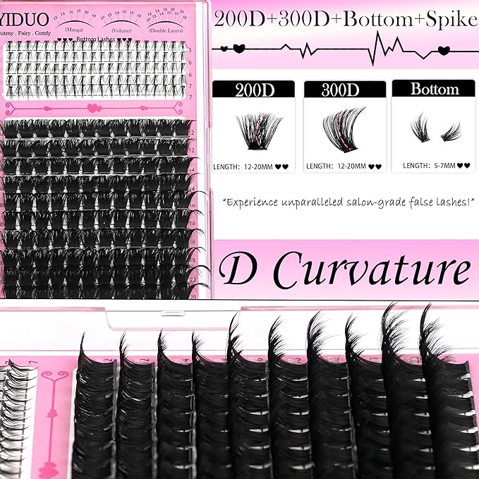 YIDUO 8 Styles Mix Lashes Clusters Kit 4 Box Cluster Lash Book Kit with Bond&Seal 1888Pcs 100D/200D/300D Volume Manga Eyelash Extension with Spikys/Bottom lash Kit for Beginners DIY at Home Easily