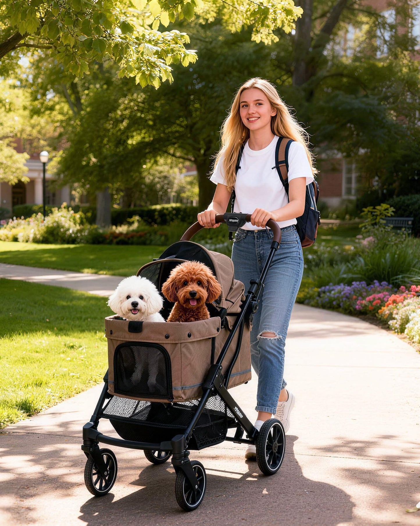 797Audio Dog Stroller for Small Medium Dogs,Pet Stroller for Cats Puppy Up to 121lbs,Foldable,One Click Folding,4 Wheel Shock Absorption,Adjustable Canopy with Sun Shades,Removable Washable Pad(Brown)